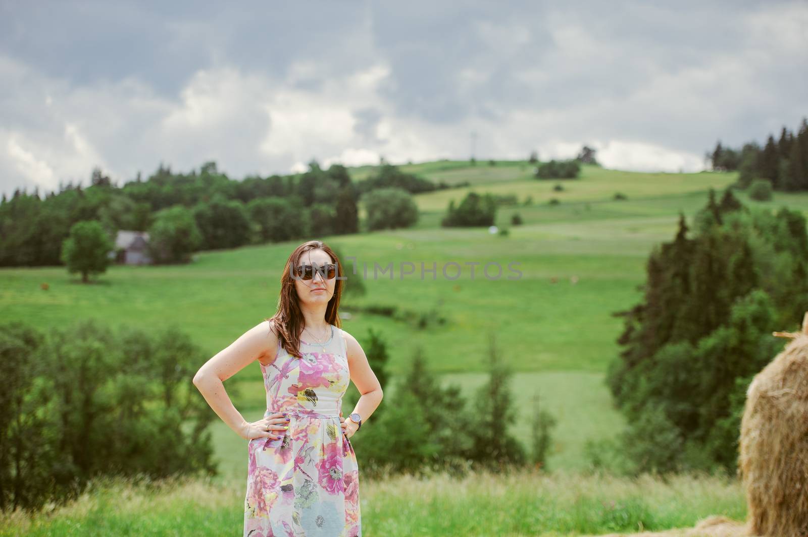 Brunette girl enjoying journey in mountains. Young smiling woman wearing dress traveling in countryside
