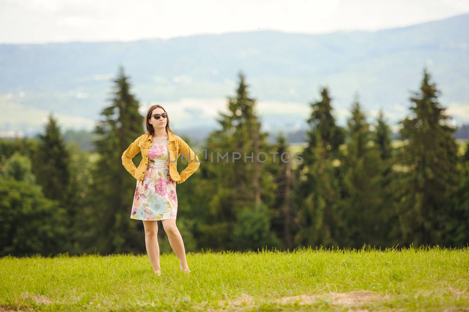 Brunette girl enjoying journey in mountains. Young smiling woman wearing dress traveling in countryside