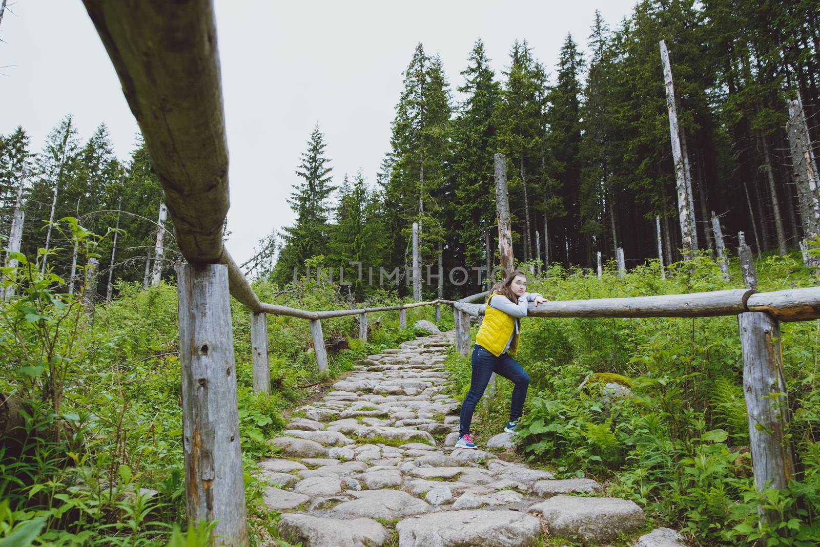 brunette woman hiker hiking on trail in summer time. Tatra mountain in Poland.