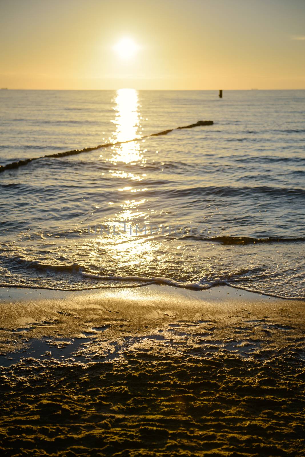 Breakwaters in the Baltic sea over the sunset in summer