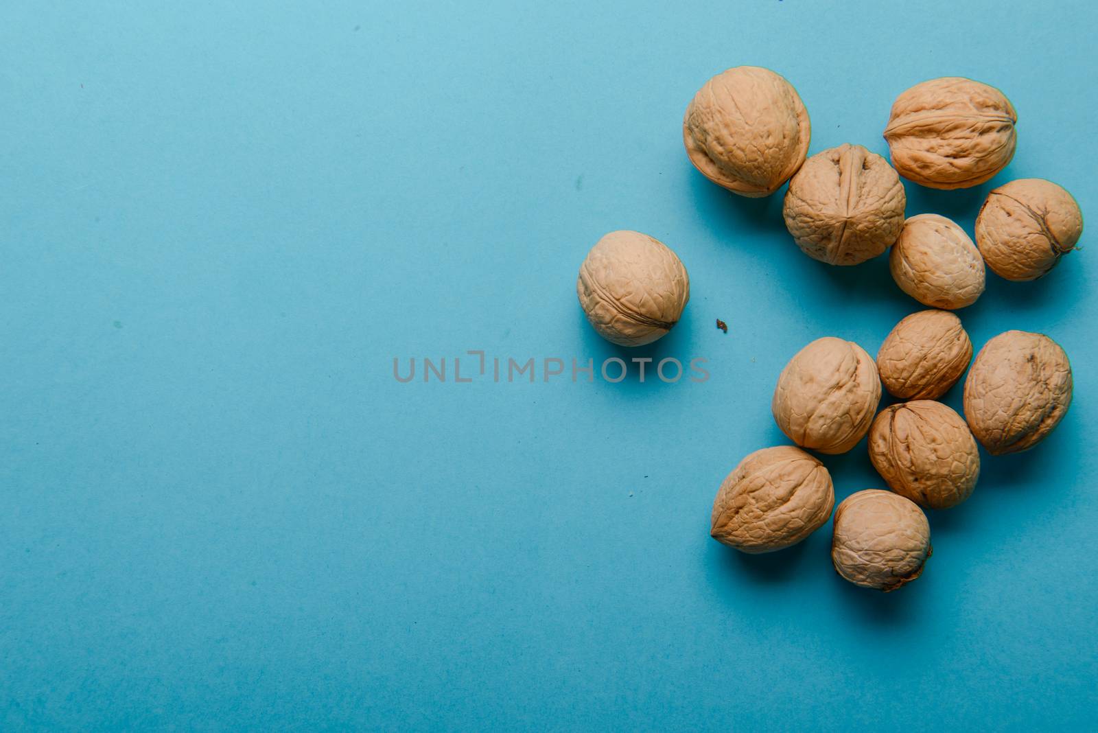 Walnuts, walnuts close-up, walnuts on a blue background