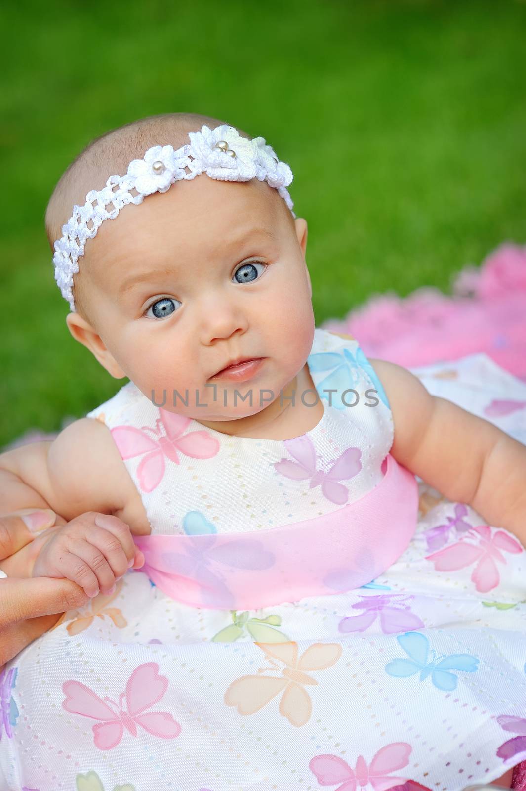 Portrait of a little girl in wreath of flowers 