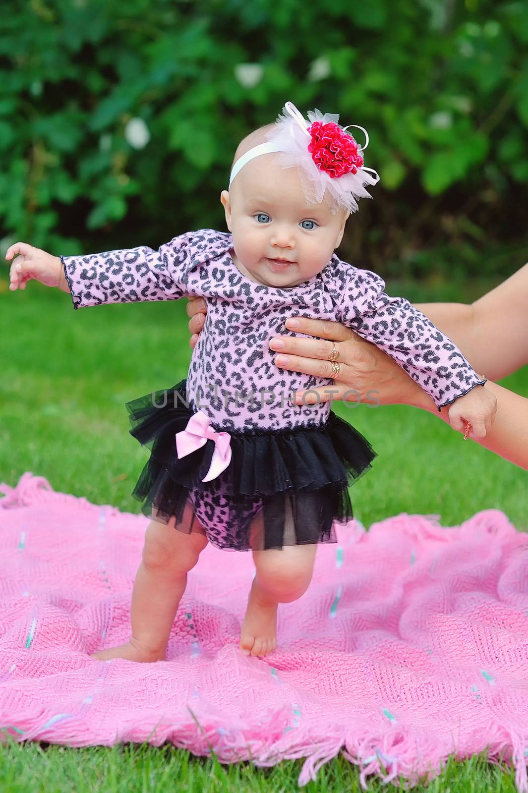 Summer portrait of beautiful baby girl on the lawn 