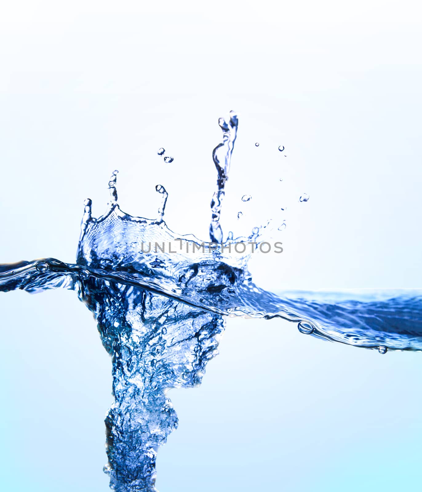 splashing of purity clean fresh water with bubble on white background