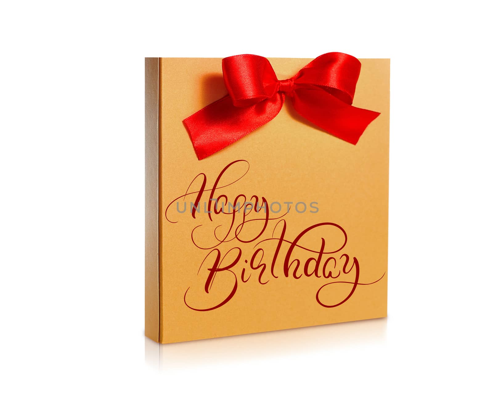 festive gold box with a red bow on a white background and text Happy Birthday. Calligraphy lettering.
