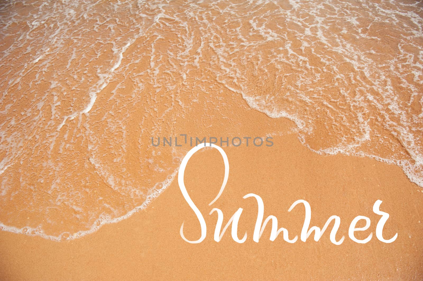 Wave of sea on the sand beach and word Summer. calligraphy lettering.