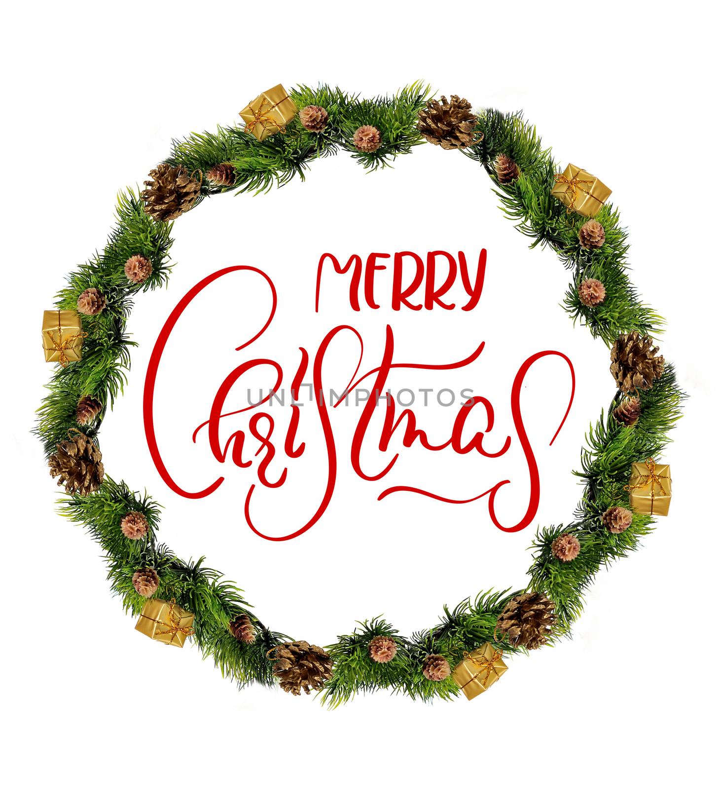 Christmas wreath isolated over white background with text Merry Christmas. Calligraphy and lettering.