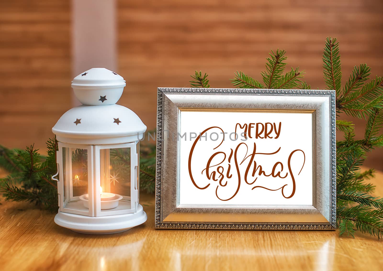 Holiday background - candlestick and frame with text Merry Christmas. Calligraphy and lettering.