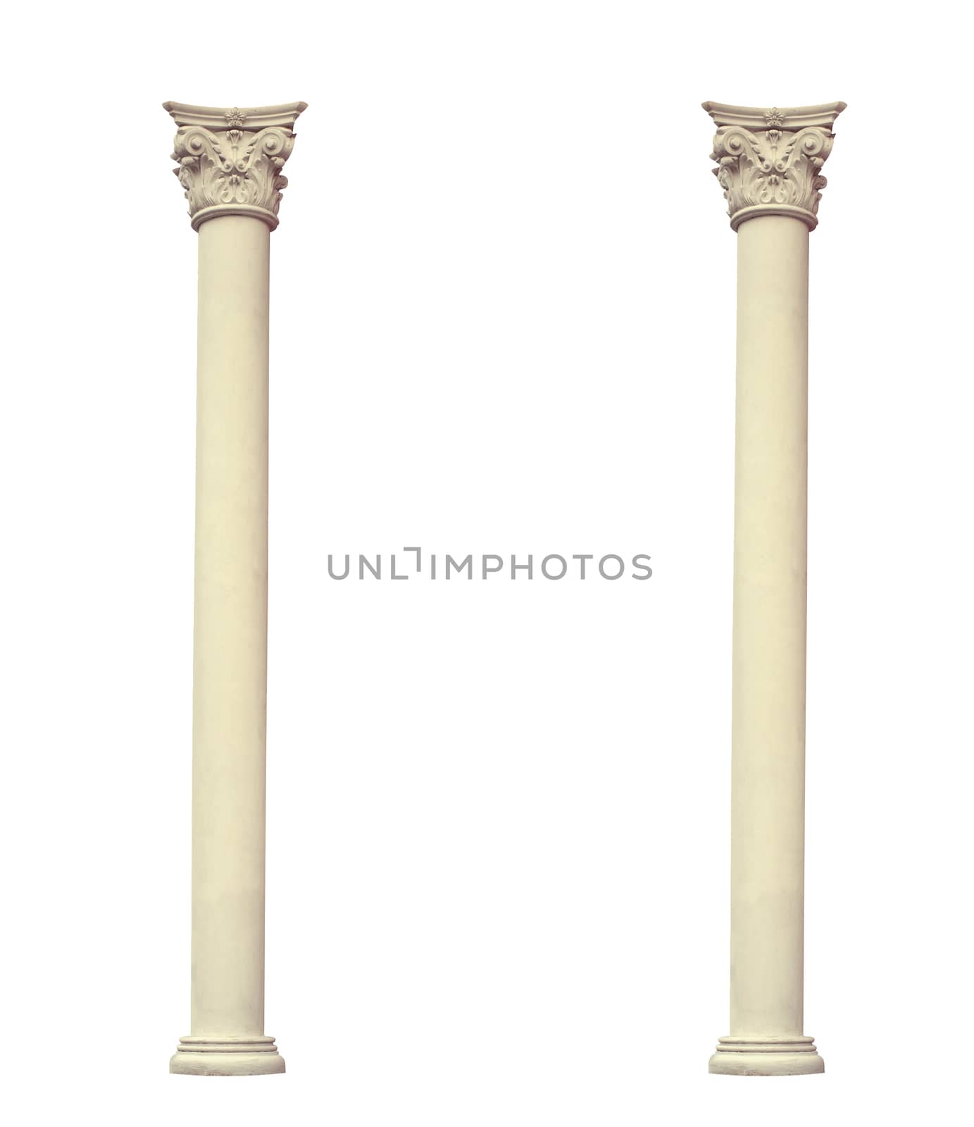 Antique two columns of the Corinthian order isolated on white background.