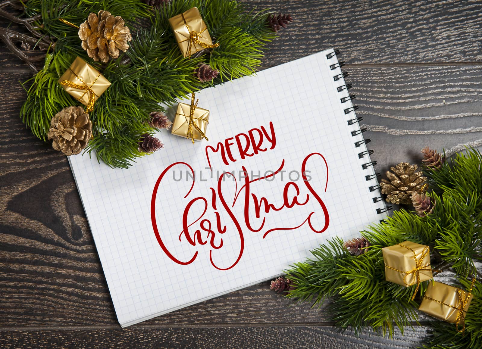 Christmas blank note with text Merry Christmas. Calligraphy and lettering.