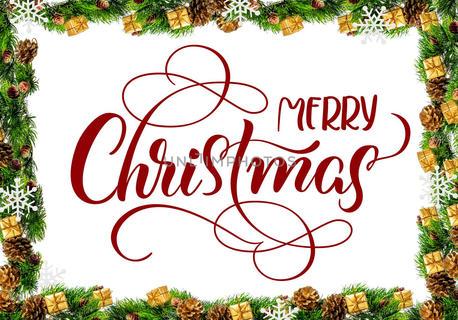 frame made of pine branches and gifts with text Merry Christmas. Calligraphy lettering.