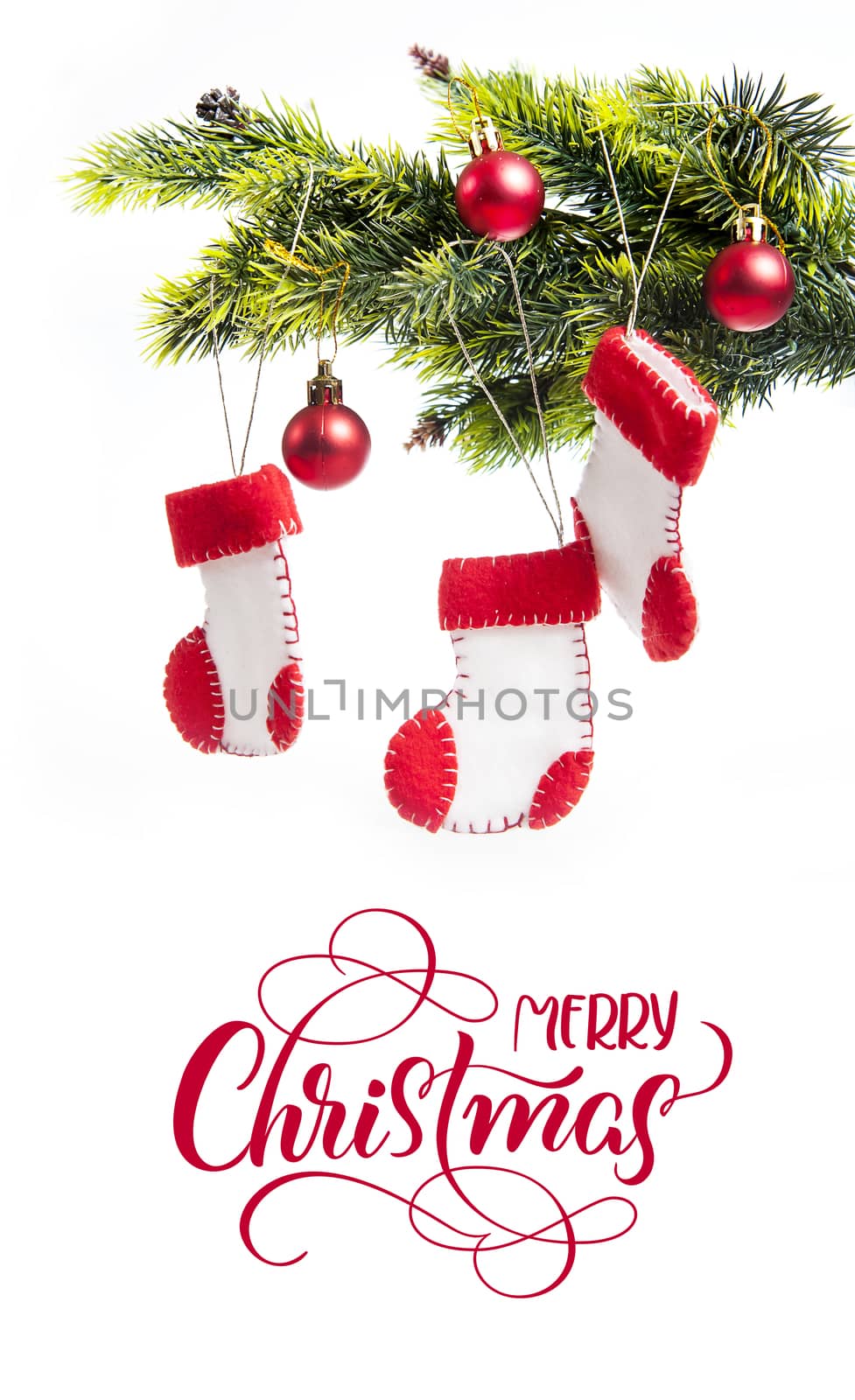 Christmas tree decorated and boots Santa Claus with text Merry Christmas. Calligraphy lettering.