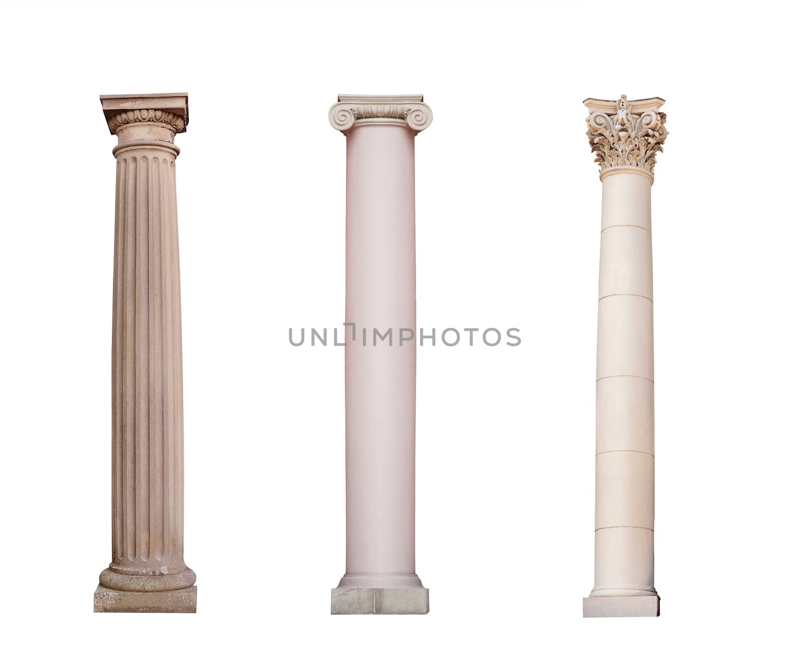 ancient columns of Ionic, Doric and Corinthian ordo are isolated on a white background.