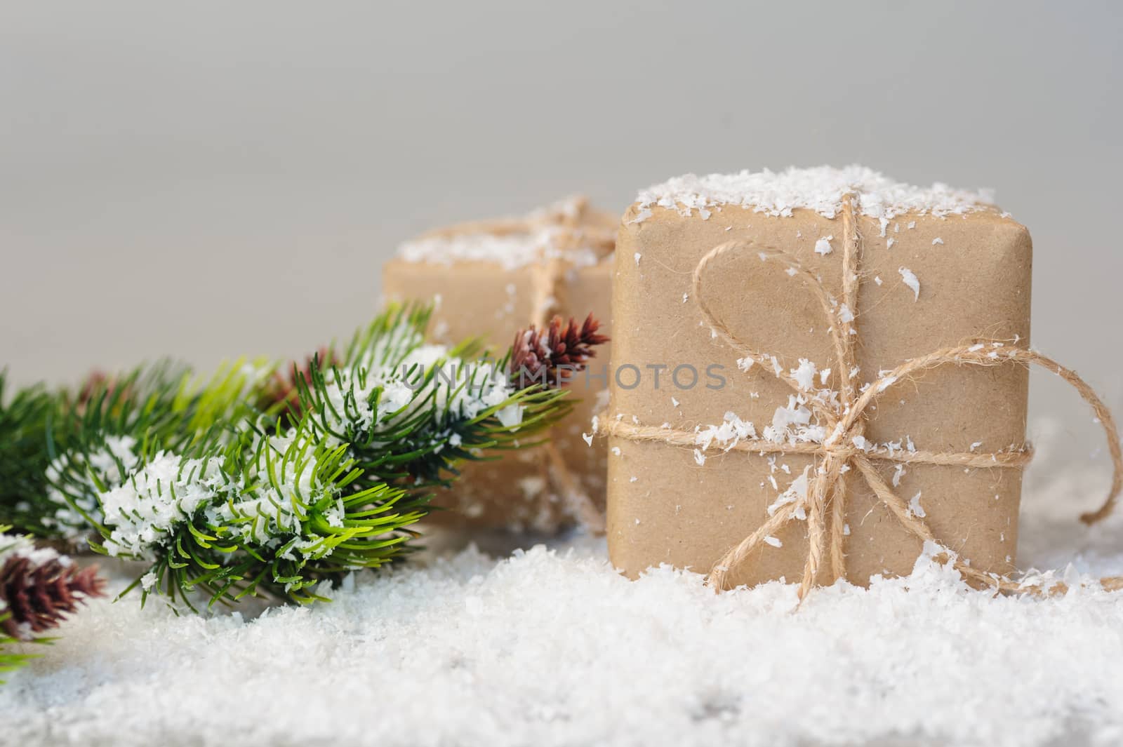 gift boxes of kraft paper with spruce branches on white background