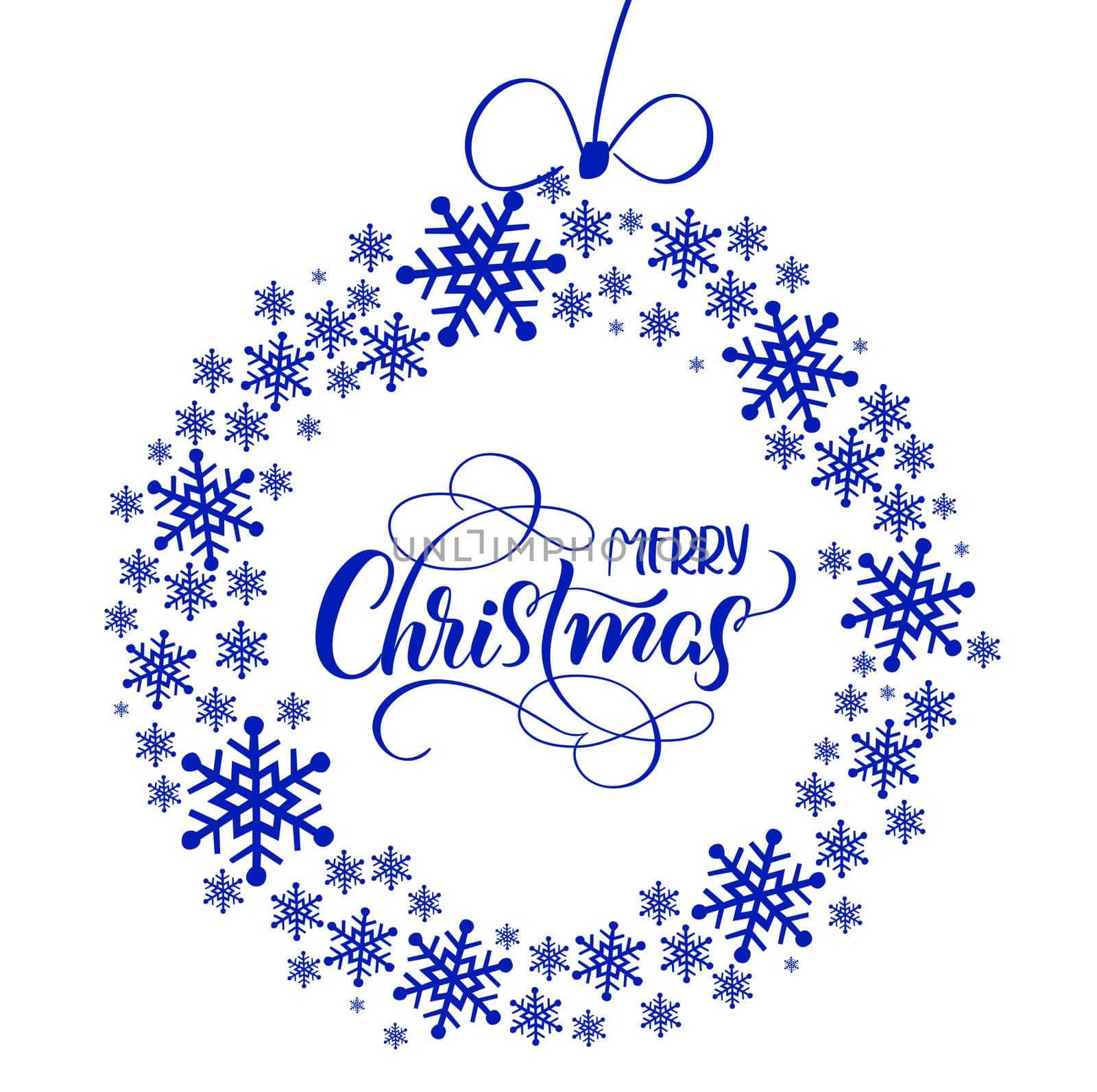 beautiful round background from blue snowflakes and text Merry Christmas. Lettering calligraphy.