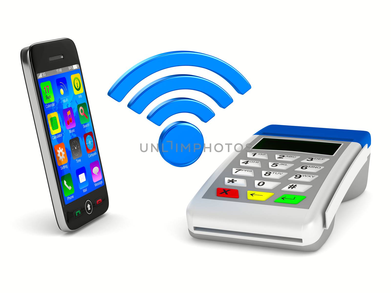 Payment by phone on white background. Isolated 3D image by ISerg
