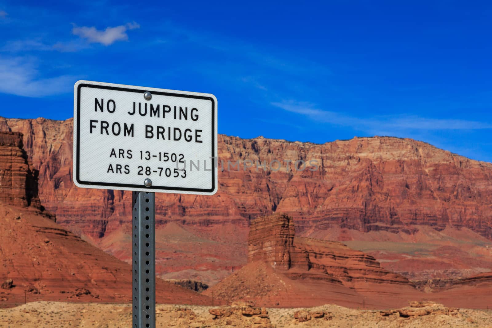 Signage with jumping restrictions on a foot bridge, Arizona, US