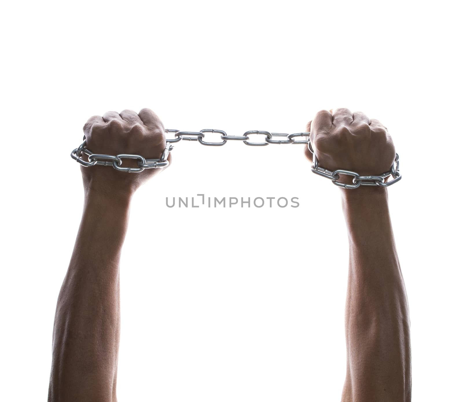 hand holding metal chain with strong power isolated on white background  for multipurpose