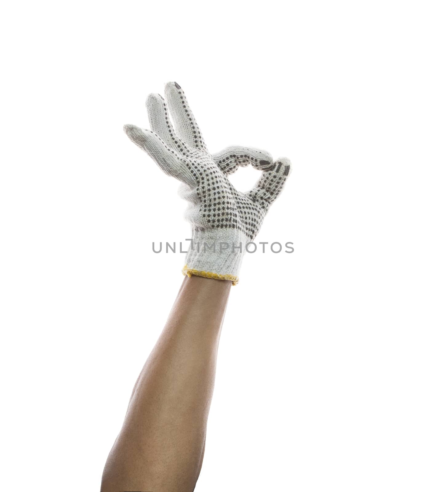 male hand wearing clothes hand glove sign o.k. use for construct by khunaspix