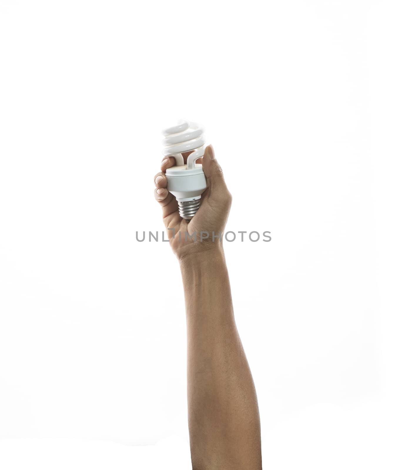 male hand holding light bulb isolated white background by khunaspix