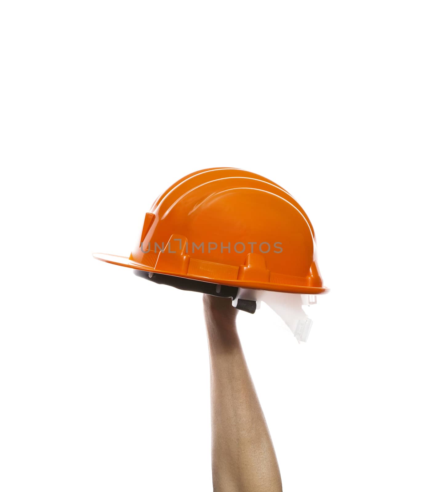 male hand rising up orange safety helmet isolated on white background use for multipurpose