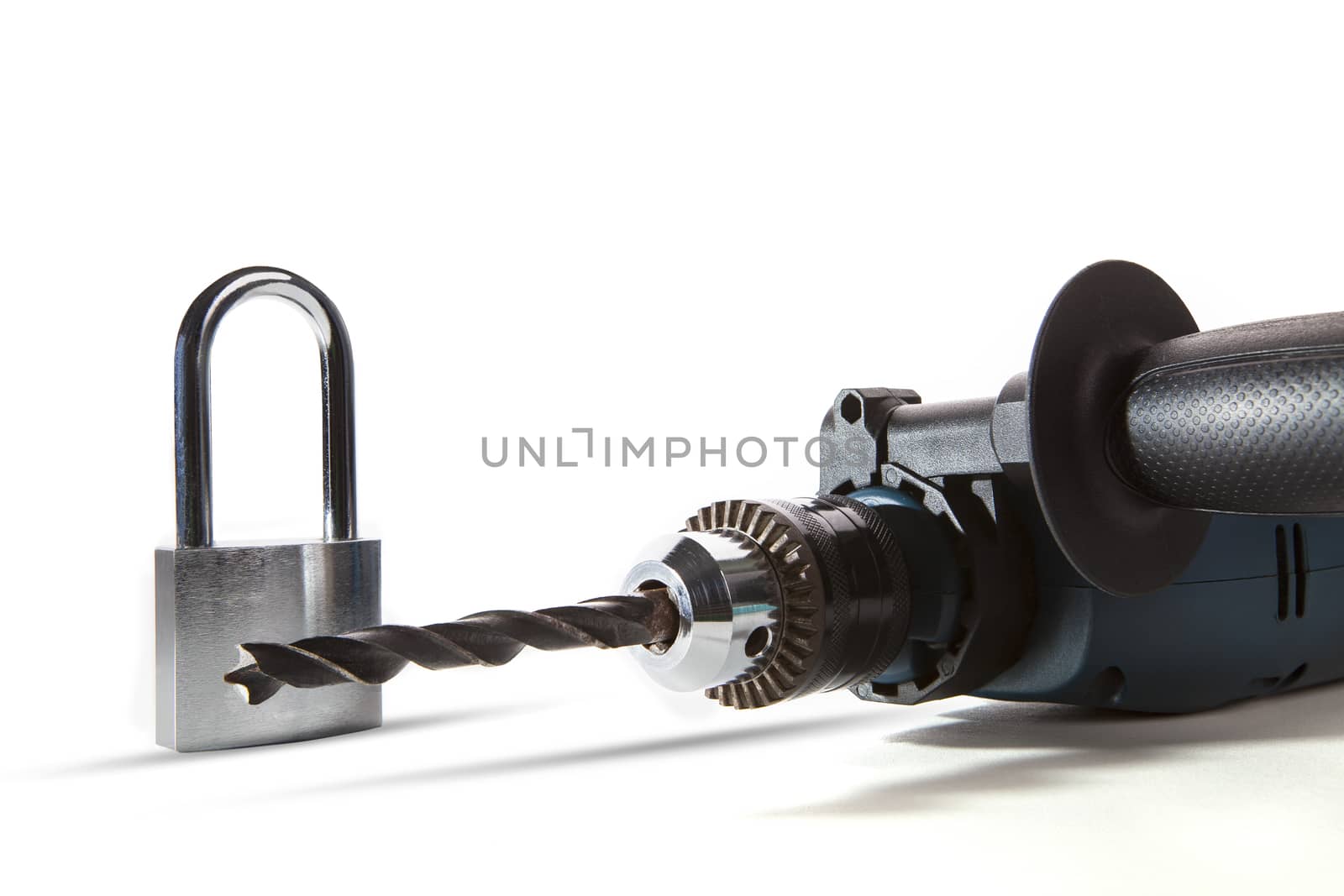 electric drilling and iron lock on white background seem protection from crime and steal abstract