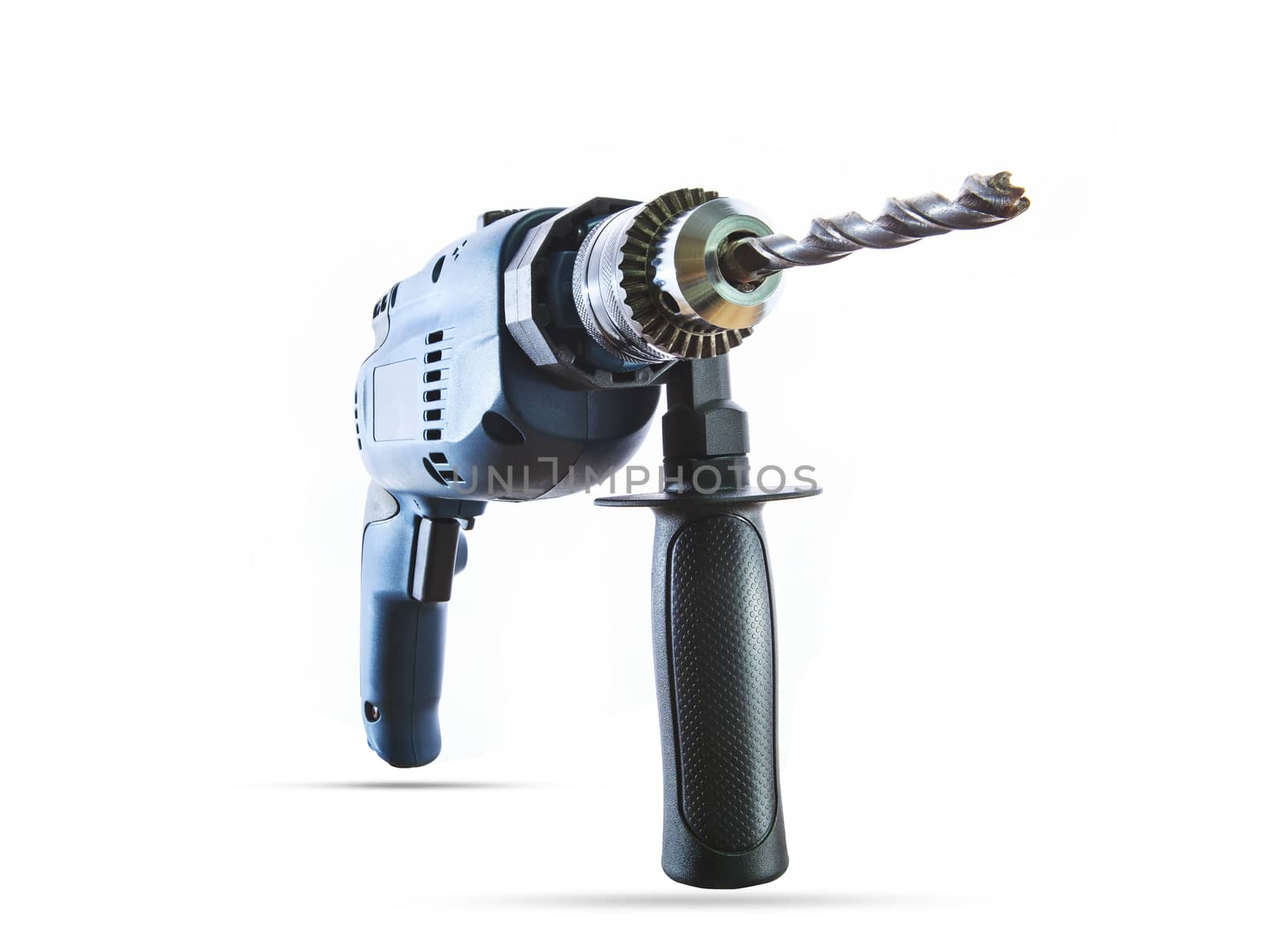 studio lighting close up and perspective distortion of electric hand drilling on white background use for industry tool home working equipment and diy home work instrument tipic