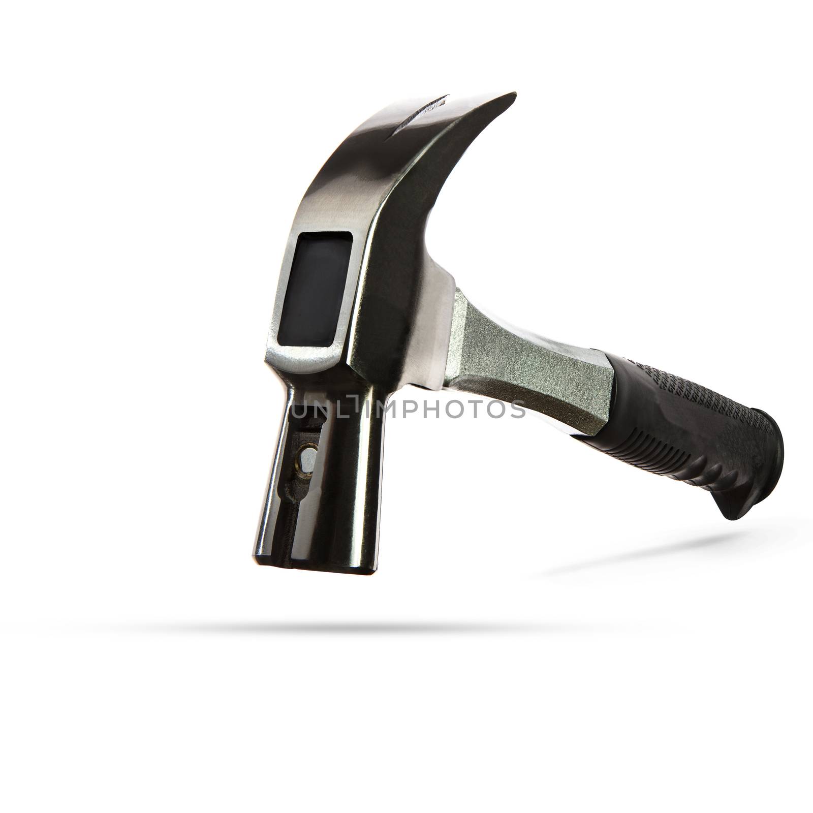 close up front view of heavy iron hammer floating on white background use for diy and home working tool and equipment 