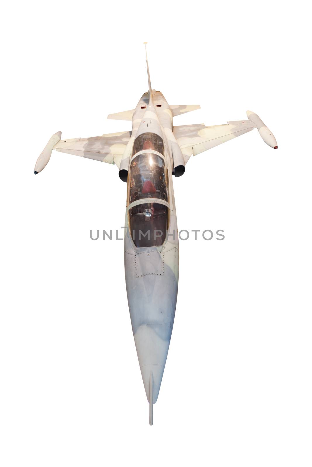 top front view of military jet plane isolated white use for multipurpose