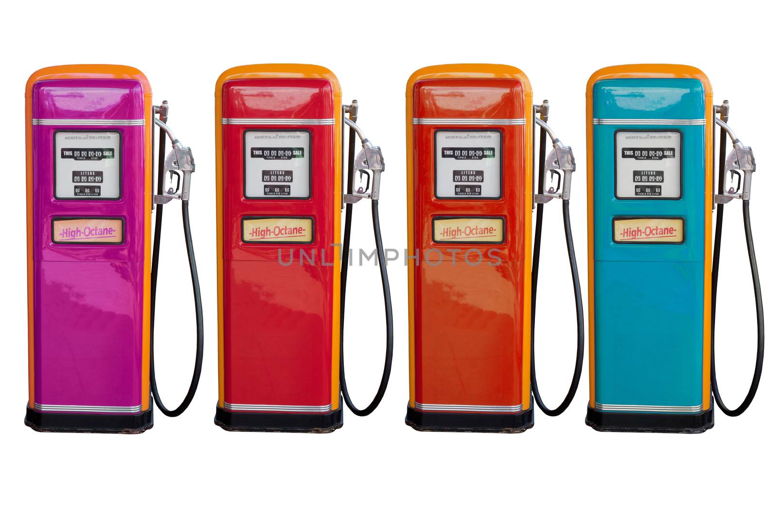 several color of old classic oil distributor in gasoline station by khunaspix