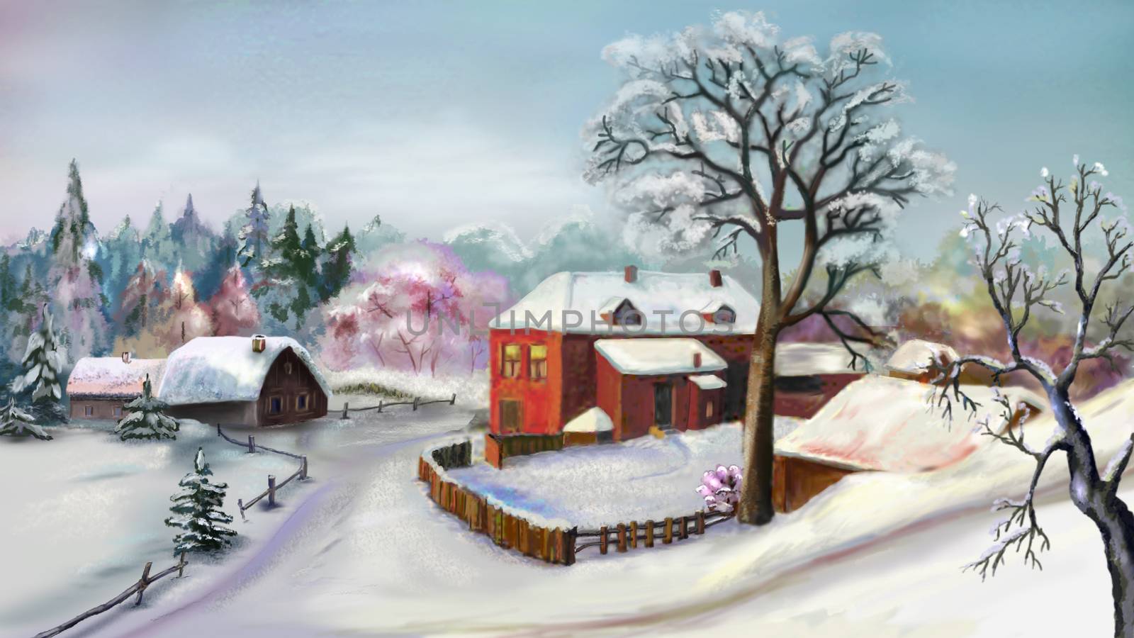 Winter Rural Landscape on a cloudy day.  Handmade illustration in a classic cartoon style.