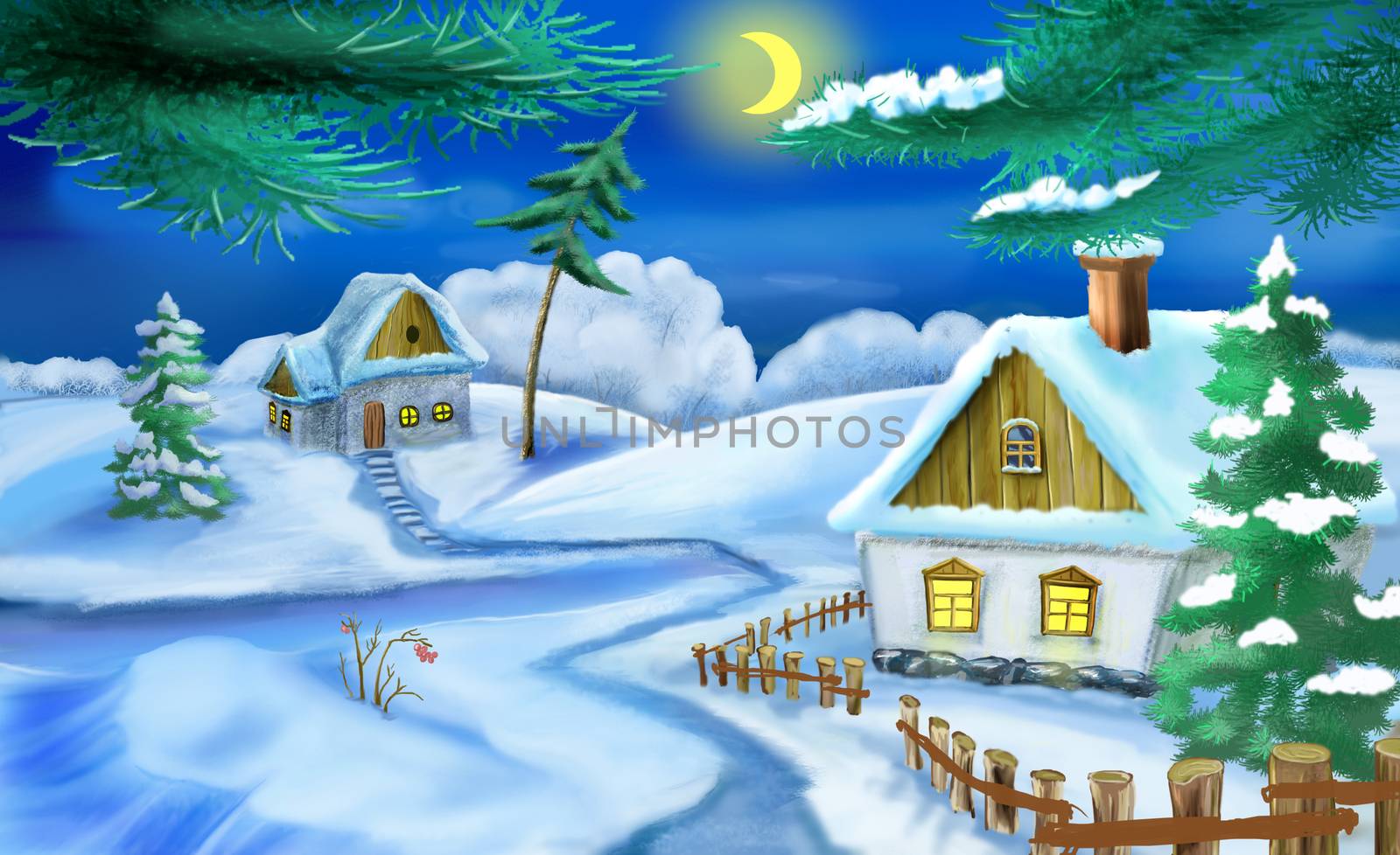 Winter  in a Old Ukrainian Traditional Village  at Christmas Eve.  Handmade illustration in a classic cartoon style.