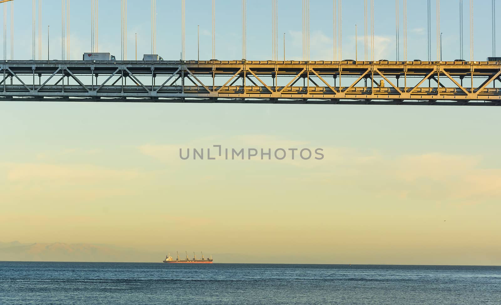 San Francisco,CA, USA, october 22, 2016; portion of Bay bridge with sea and trucks