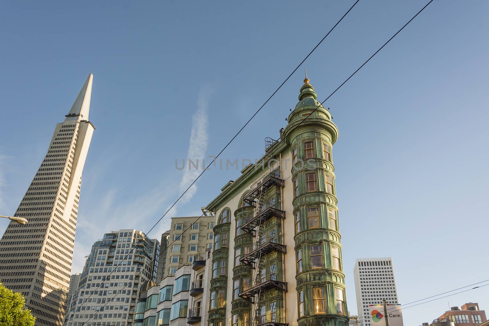 San Francisco, Ca, USA, October 22, 2016: Transamerica Pyramid The Coppola building viewed from Columbus Avenue