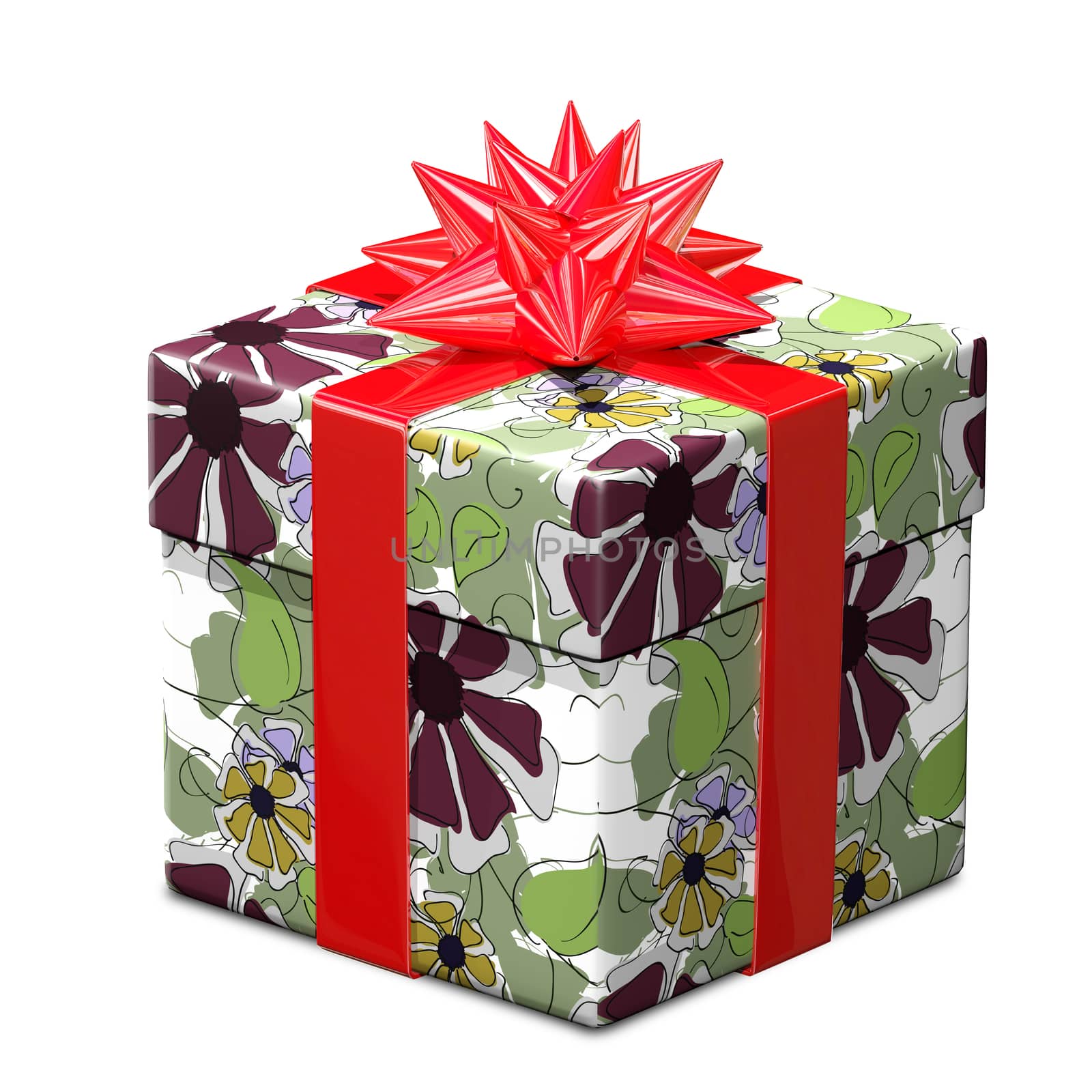 3D Illustration of a Gift with a Pattern and Red Ribbon by brux