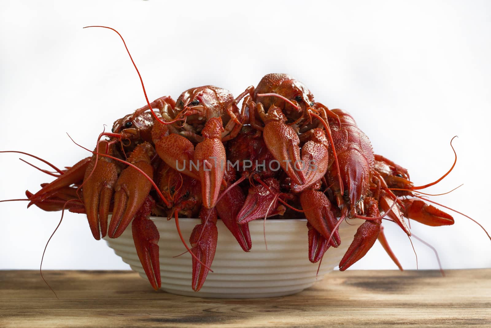 Plate of boiled crayfishes with claws on wooden table isolated on white background