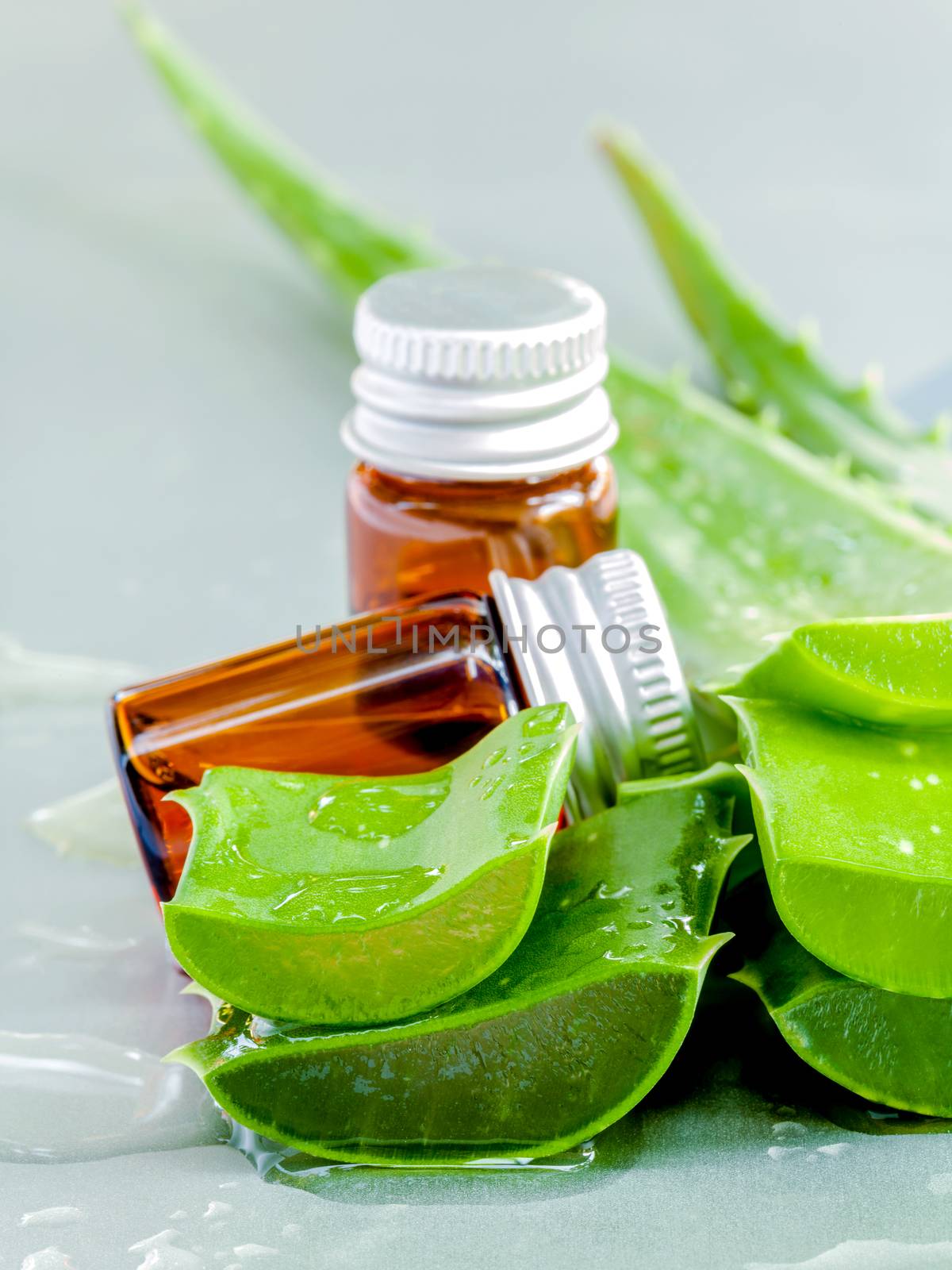  Natural Spas Ingredients for skin care. Aloe vera stack on white table with water drop . Shallow depth of field photo.