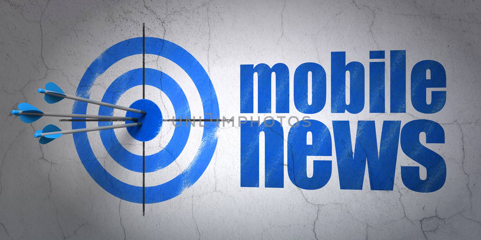 Success news concept: arrows hitting the center of target, Blue Mobile News on wall background, 3D rendering