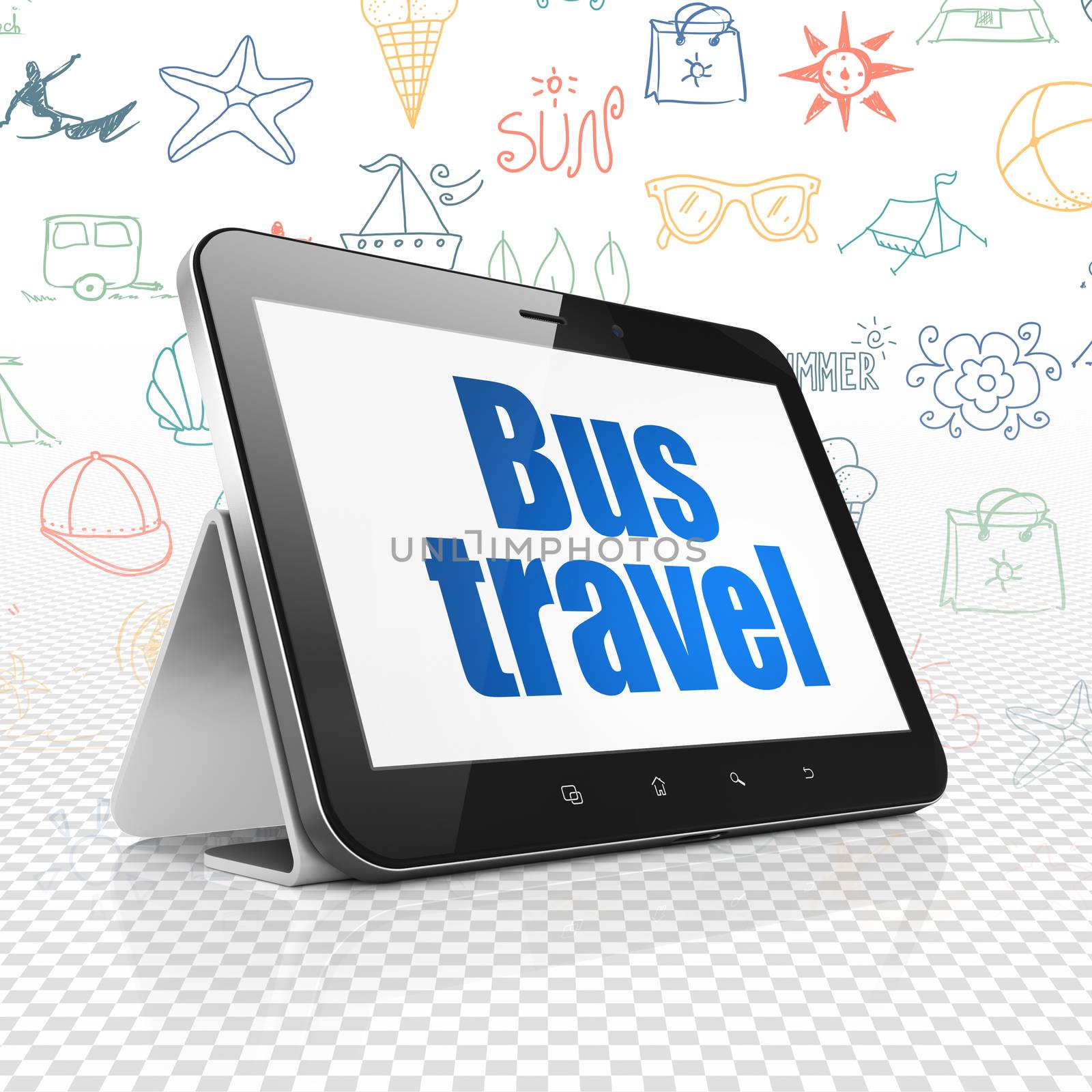 Tourism concept: Tablet Computer with  blue text Bus Travel on display,  Hand Drawn Vacation Icons background, 3D rendering