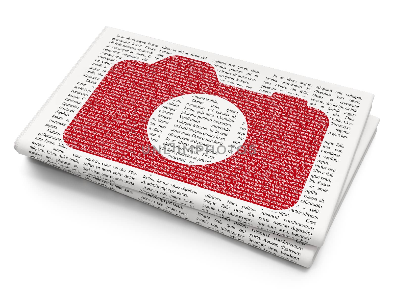 Vacation concept: Pixelated red Photo Camera icon on Newspaper background, 3D rendering
