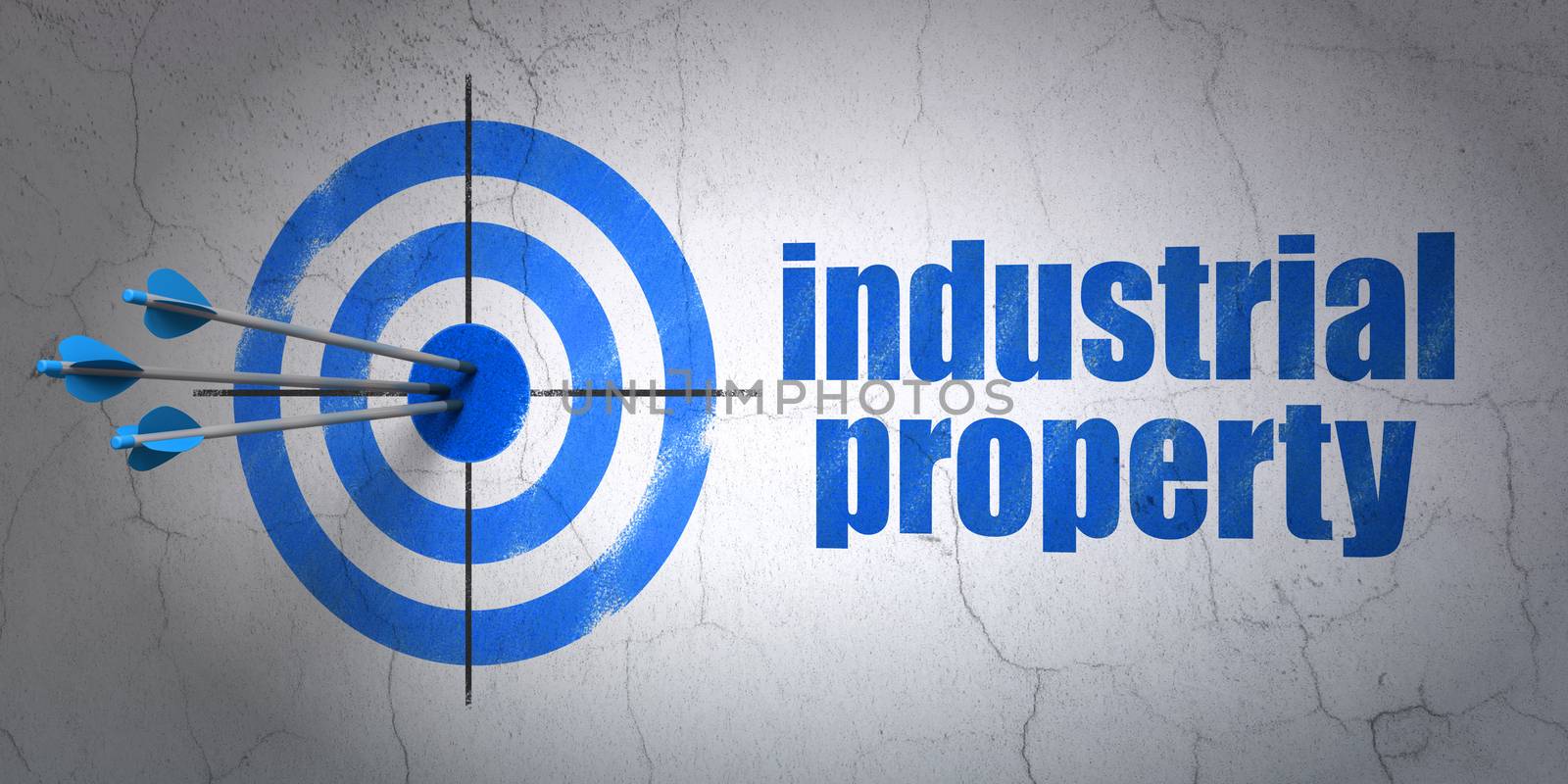 Success law concept: arrows hitting the center of target, Blue Industrial Property on wall background, 3D rendering