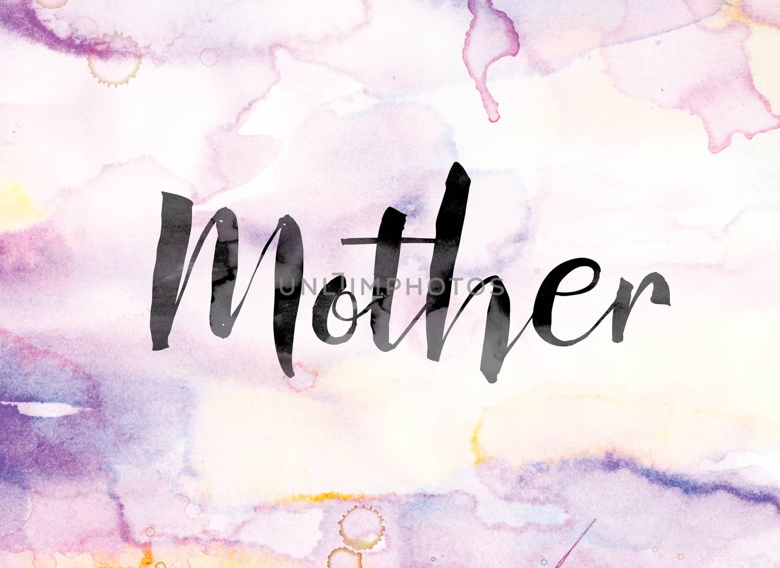 The word "Mother" painted in black ink over a colorful watercolor washed background concept and theme.