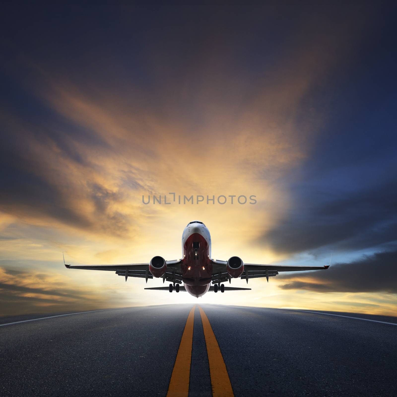 passenger plane take off from runways against beautiful dusky sky with copy space use for air transport ,journey and traveling industry business