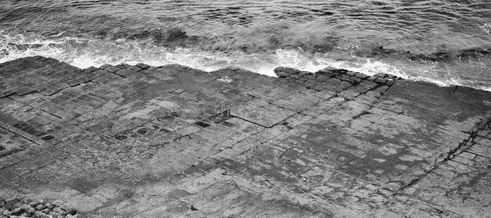 View of Tessellated Pavement in Pirates Bay, Tasmania. Black and White.