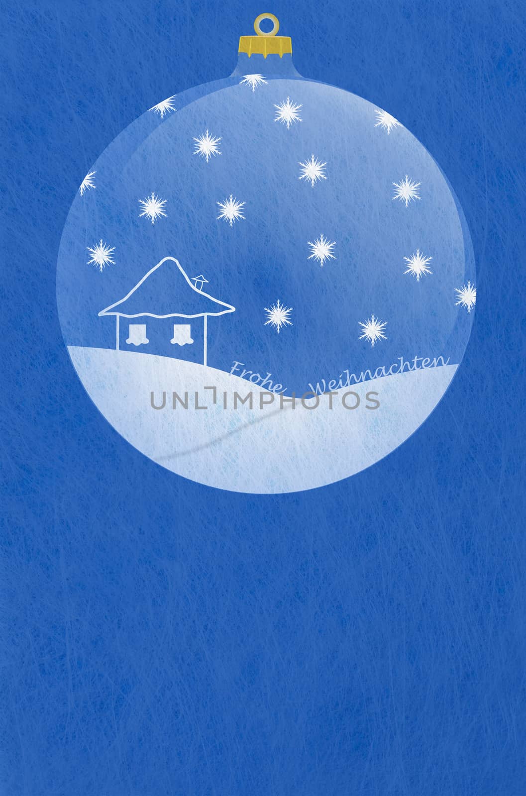 Grey fiber fabric and blue glitter film and christmas ball and the german words for Merry Christmas, christmas card