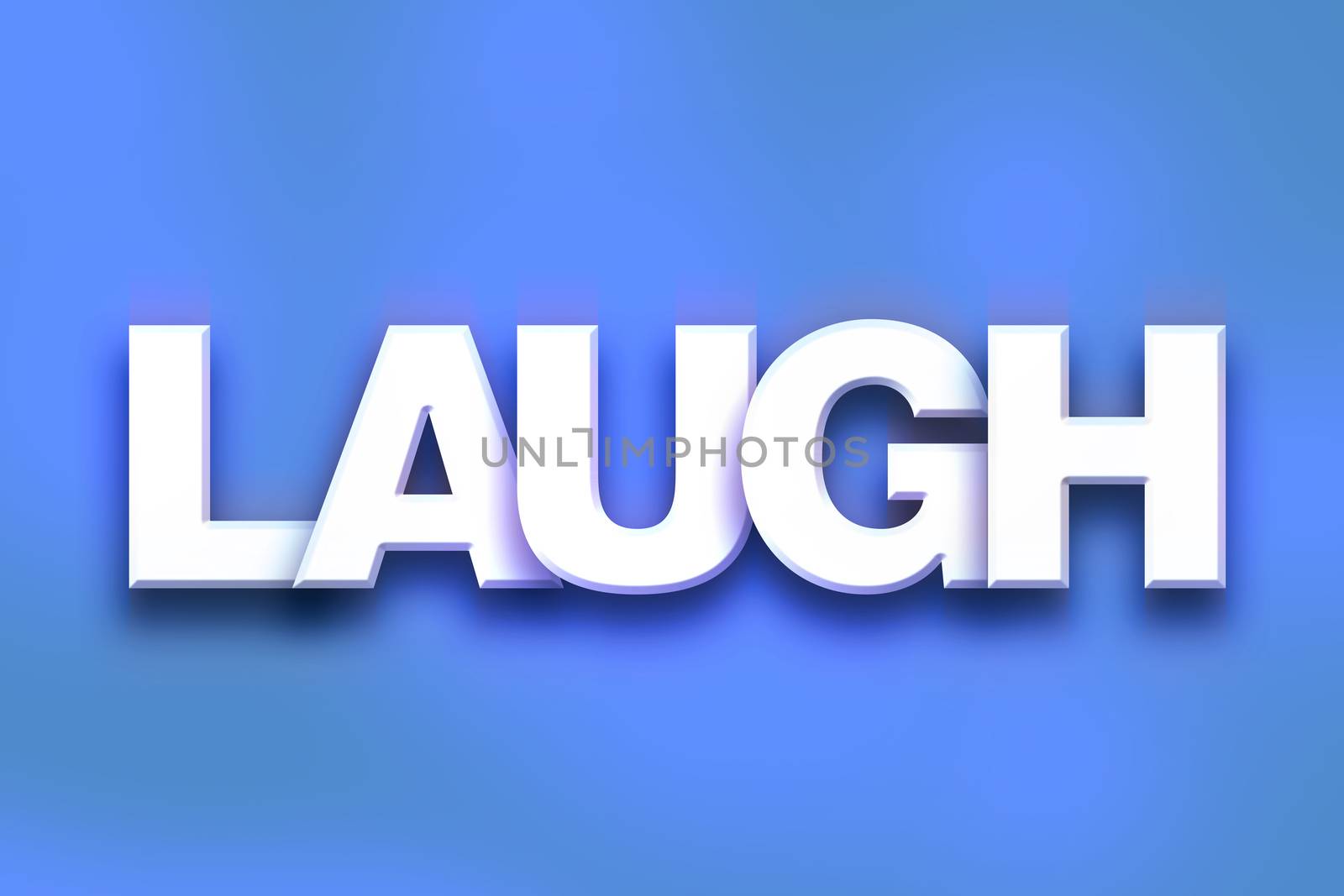 The word "Laugh" written in white 3D letters on a colorful background concept and theme.