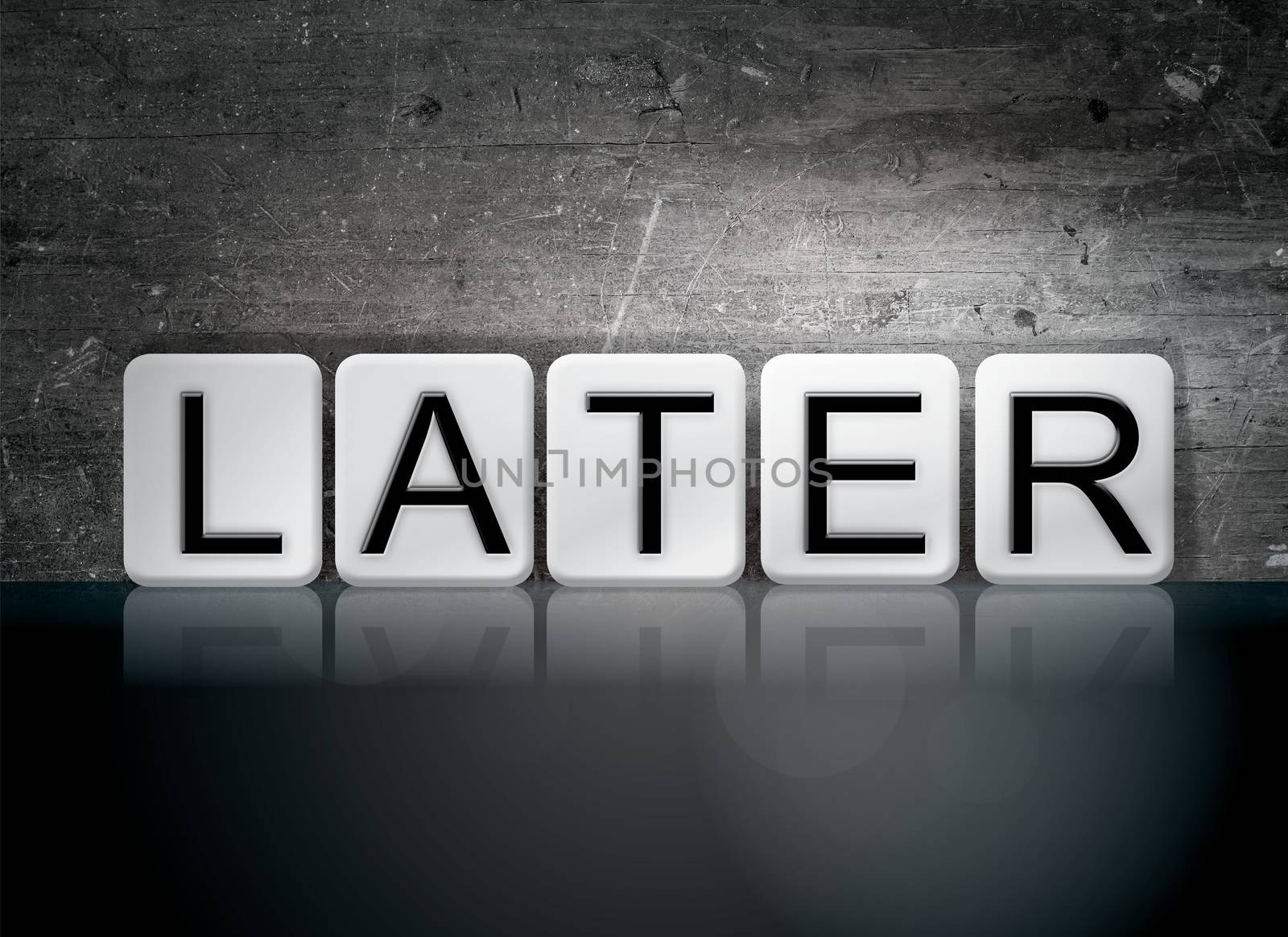 The word "Later" written in white tiles against a dark vintage grunge background.