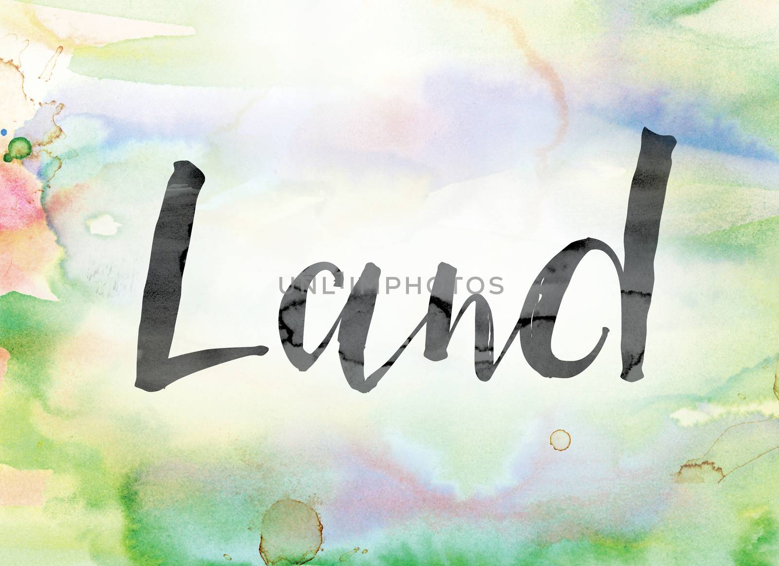 The word "Land" painted in black ink over a colorful watercolor washed background concept and theme.