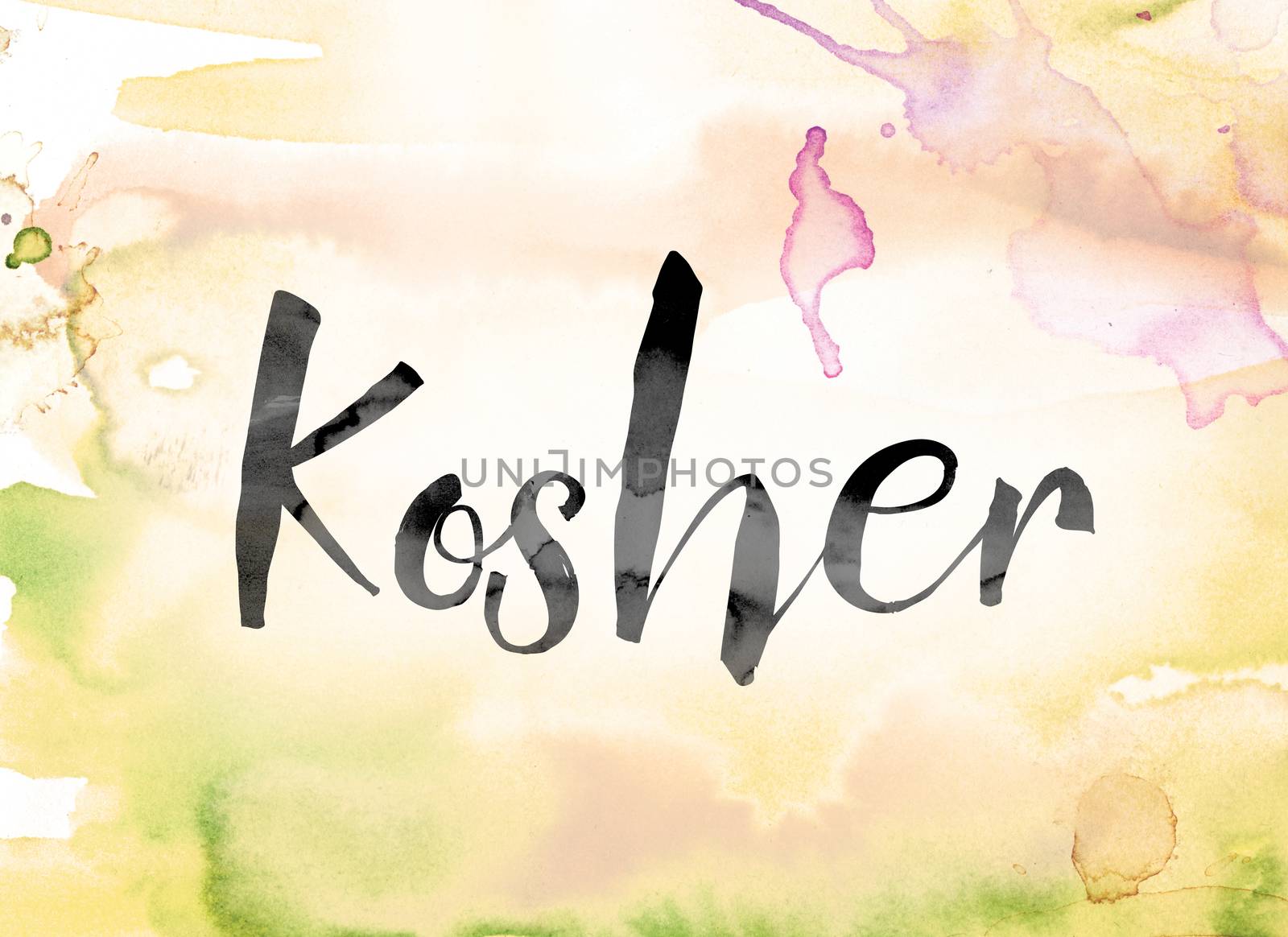 The word "Kosher" painted in black ink over a colorful watercolor washed background concept and theme.