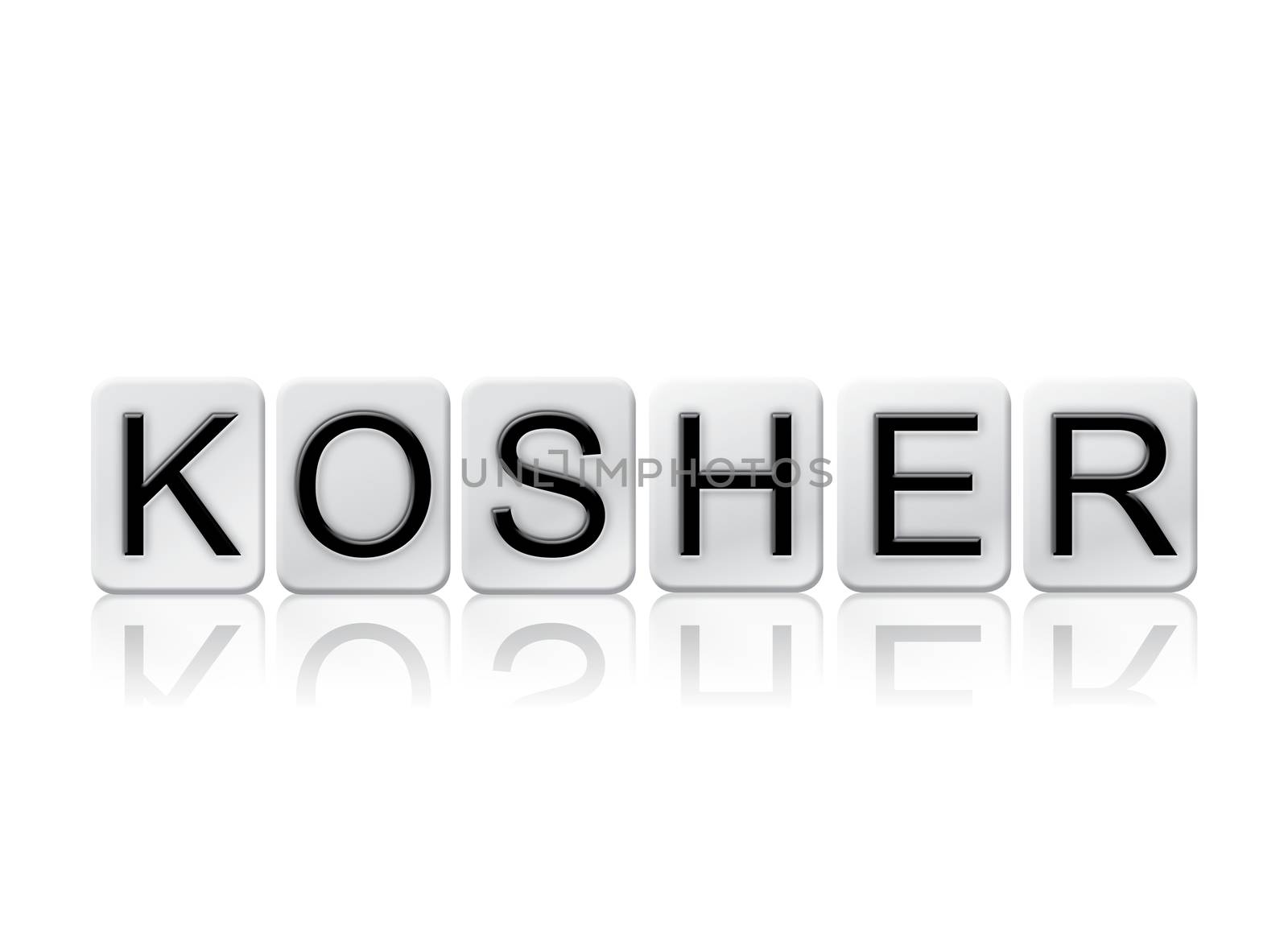The word "Kosher" written in tile letters isolated on a white background.